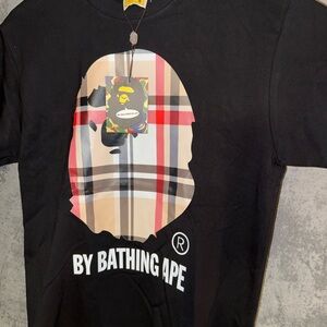 Bape Black Tee with Beige and Red Plaid Ape Head